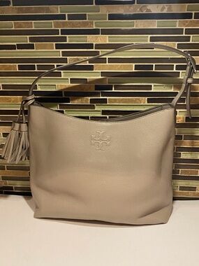 Tory Burch Thea Grey Pebbled Leather Hobo with Tassel